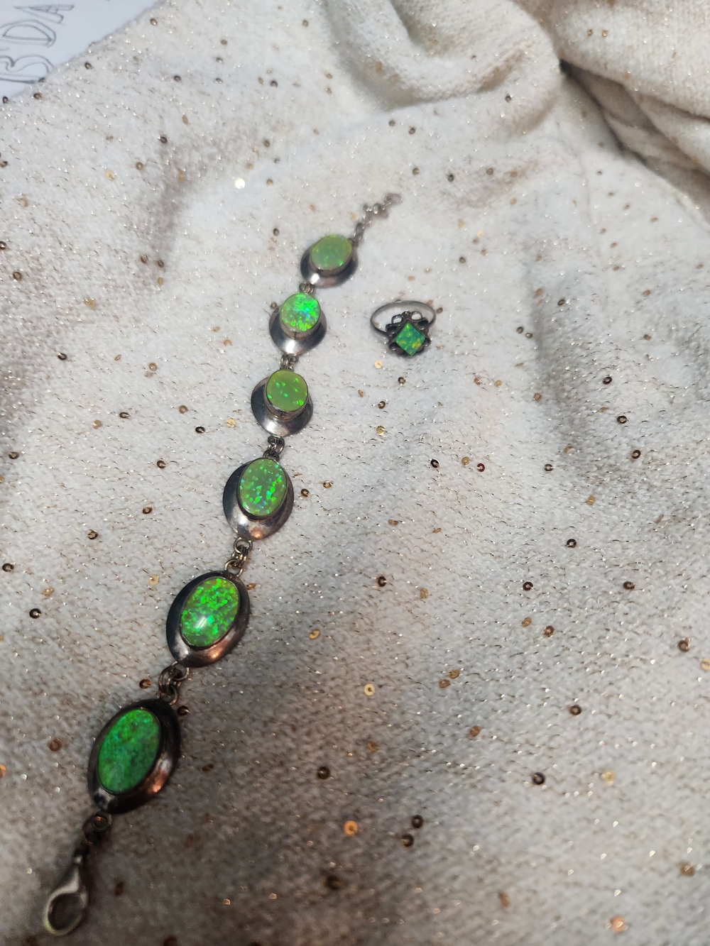 Sterling Silver Green Opal Bracelet and Ring Set